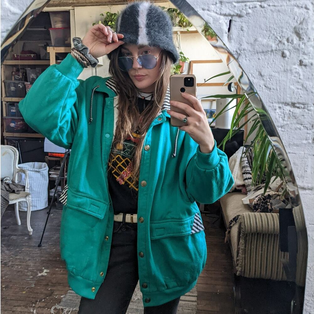 Vintage Oversize Sweater Jacket Reversible Green Sweat Jacket Fleece Coat Large - Picture 8 of 10